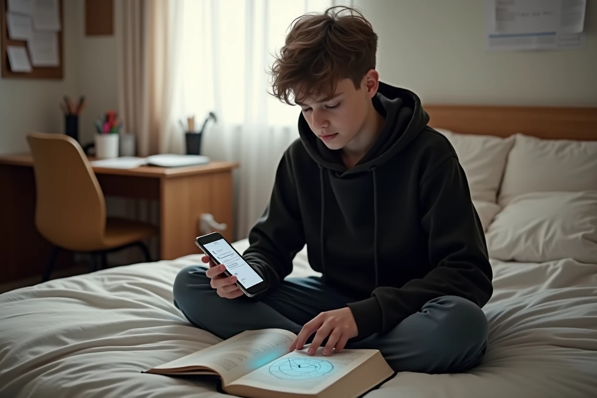 Adolescent utilisant une application en ligne sur smartphone pour calculer la surface d'un cercle pendant ses devoirs de géométrie