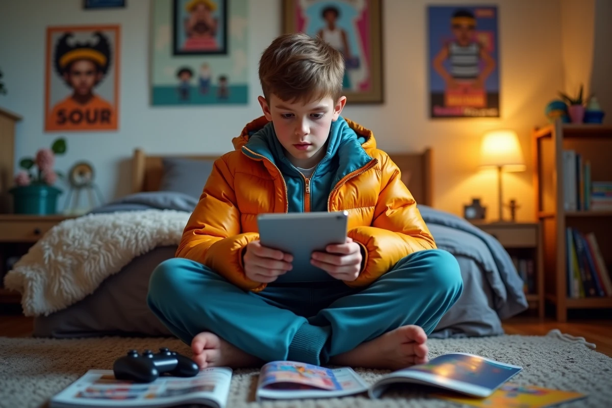 Adolescent dans sa chambre entouré de magazines jeunesse et de colis tendance, consultant les actualités sur une tablette