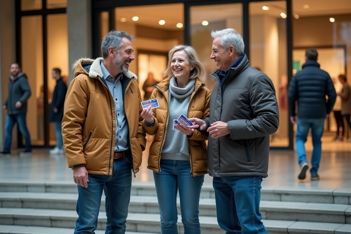 Trois amis dans une ville moderne échangeant des cartes cadeaux