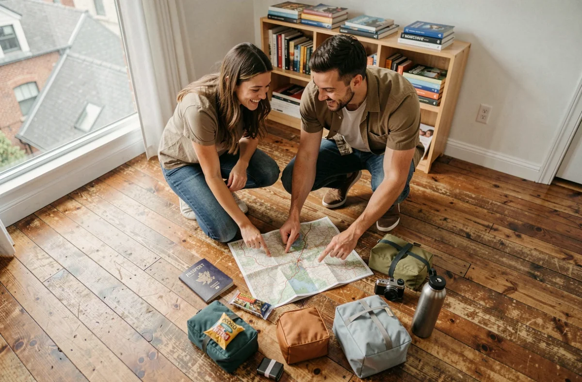 Deux amis préparant ensemble leurs bagages et leur itinéraire de voyage sur un parquet en bois dans un appartement