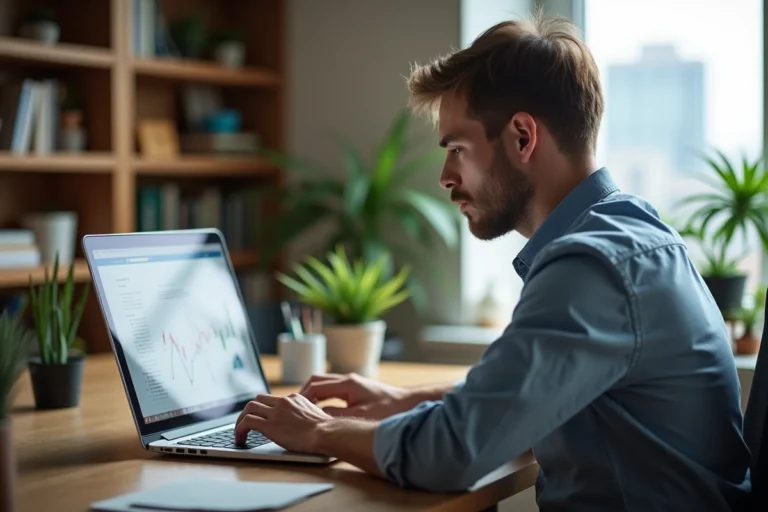 Homme analysant des données web sur un ordinateur portable