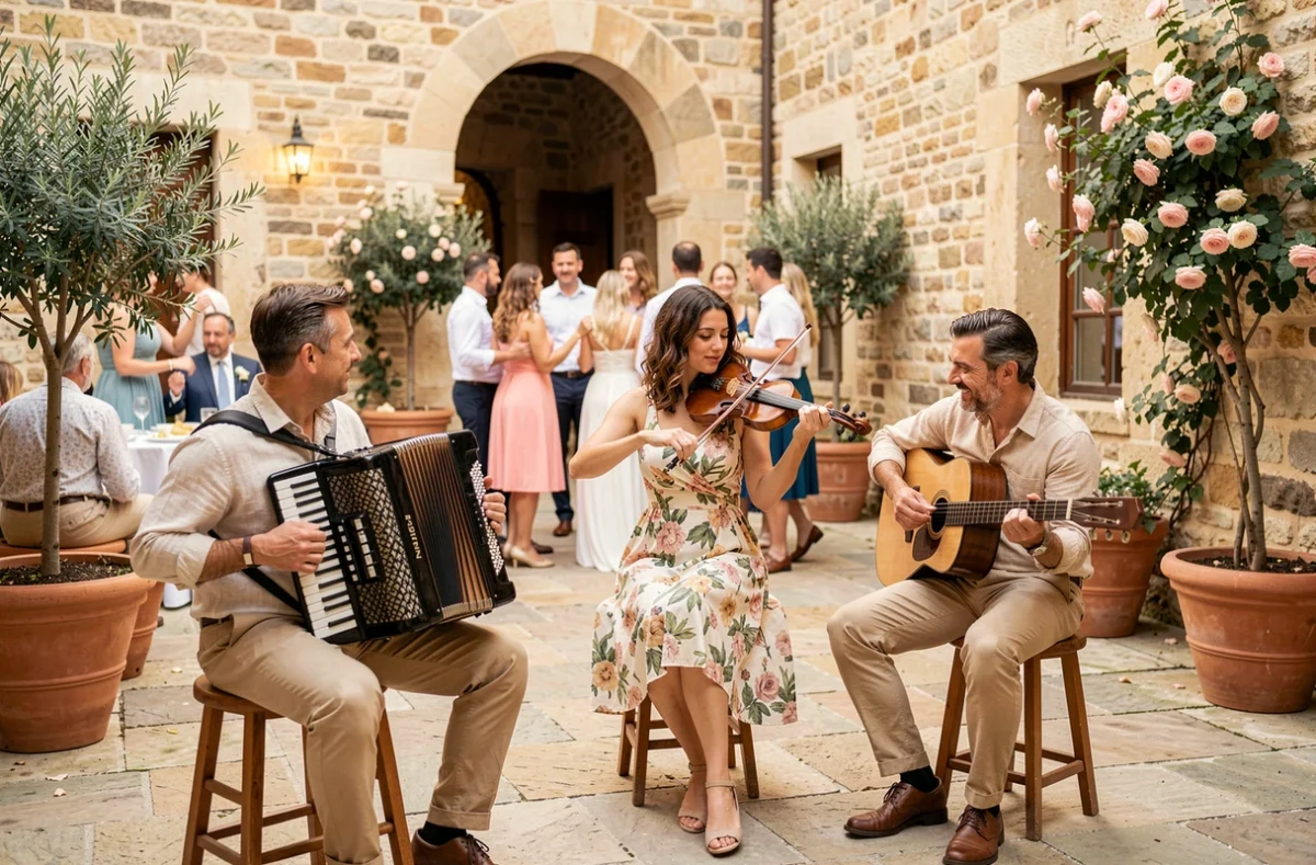 Trio de musique folklorique provençale jouant lors d'une réception de mariage en plein air dans une cour en pierre