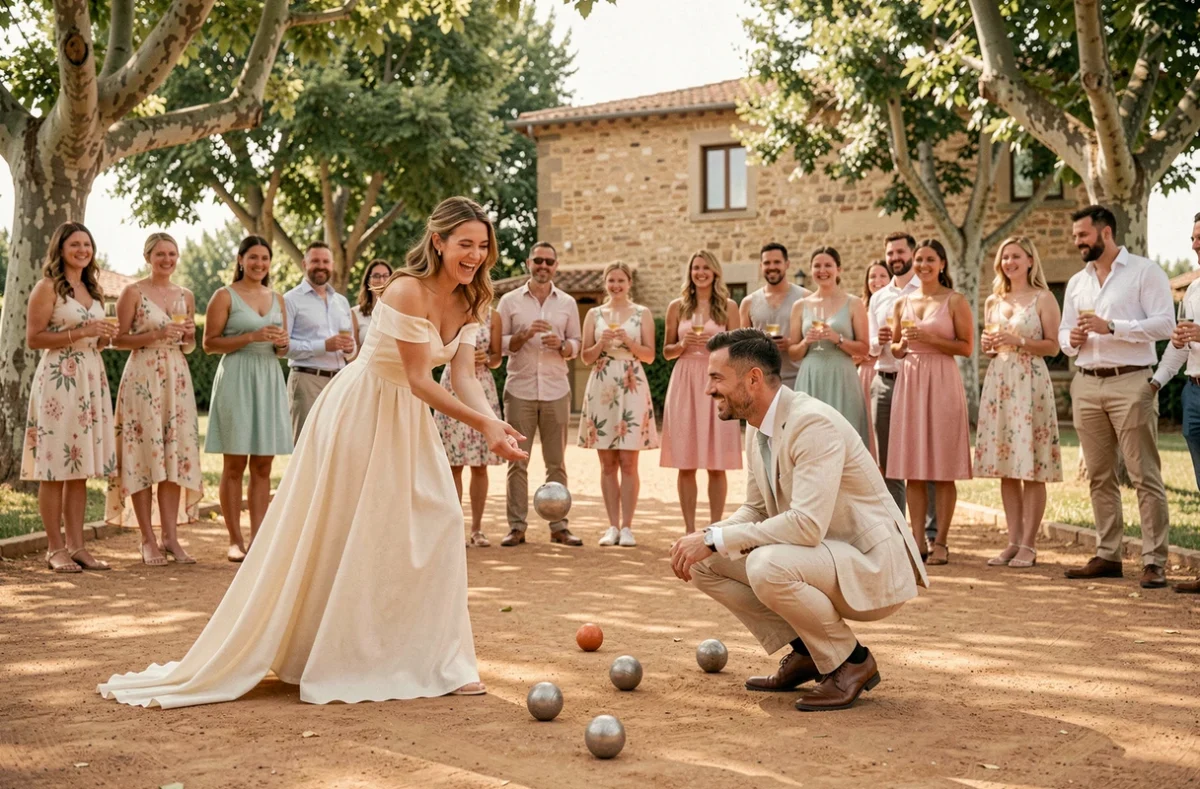 Mariés jouant à la pétanque lors d'une animation de mariage provençal sous les platanes