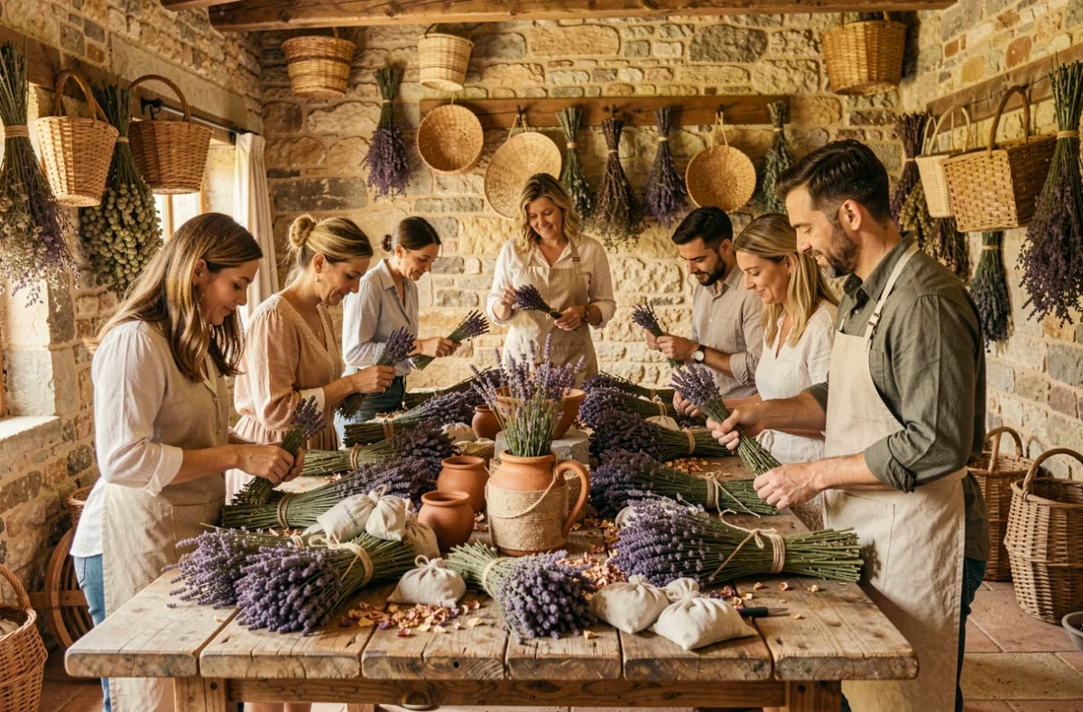 Atelier artisanal de compositions florales à la lavande pour les invités d'un mariage en Provence dans une grange en pierre