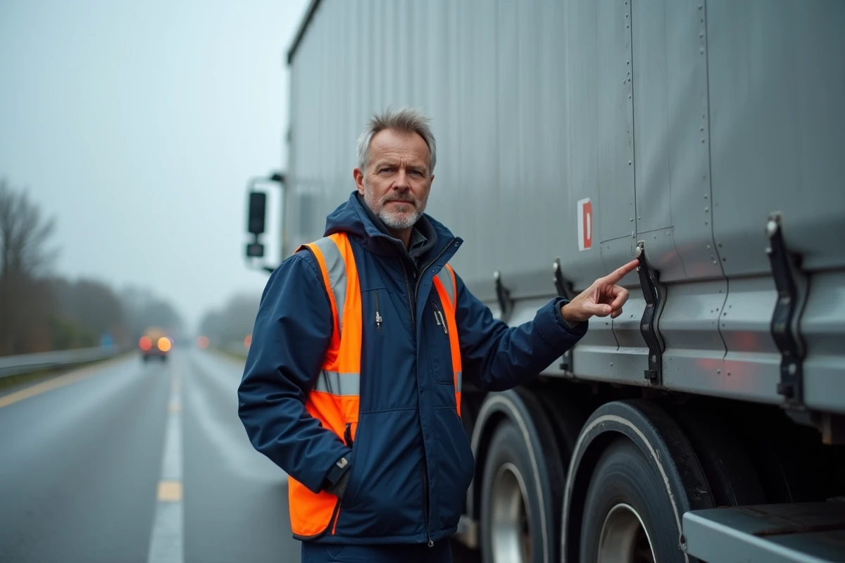 Chauffeur de camion pointant la lettre D sur la plaque réglementaire à l'arrière d'une remorque sur une aire d'autoroute