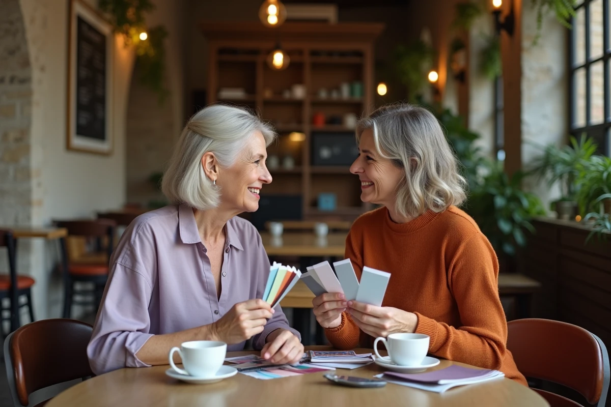Deux femmes comparant des nuanciers de couleurs de vêtements dans un café, illustrant comment choisir les teintes qui subliment chaque carnation