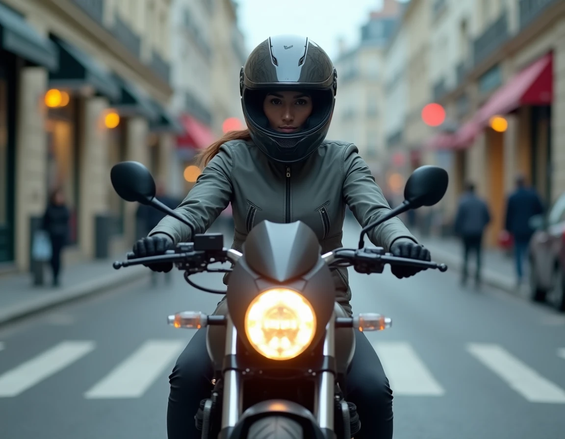 Femme motarde à une intersection urbaine parisienne avec clignotant avant allumé sur moto naked