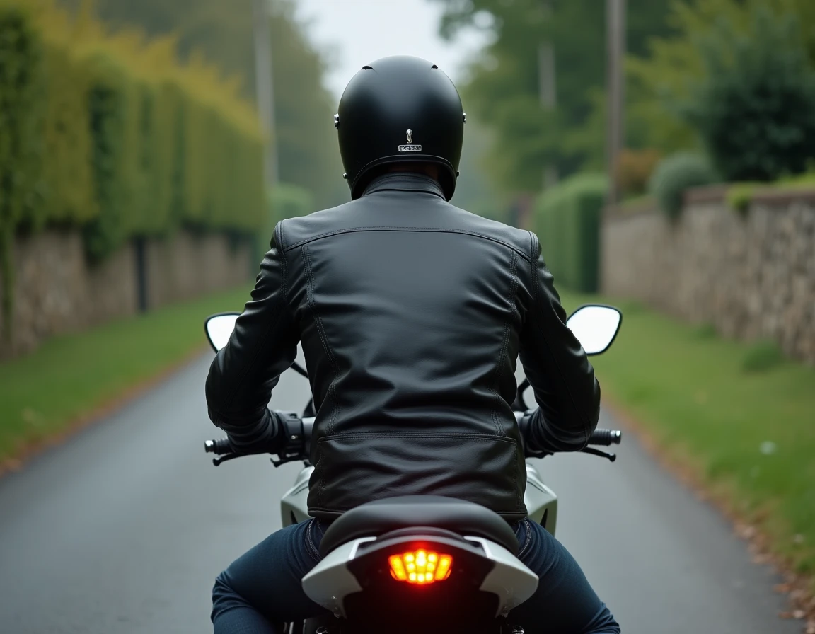 Motard activant son clignotant obligatoire sur une moto sportive garée au bord d'une route rurale en France