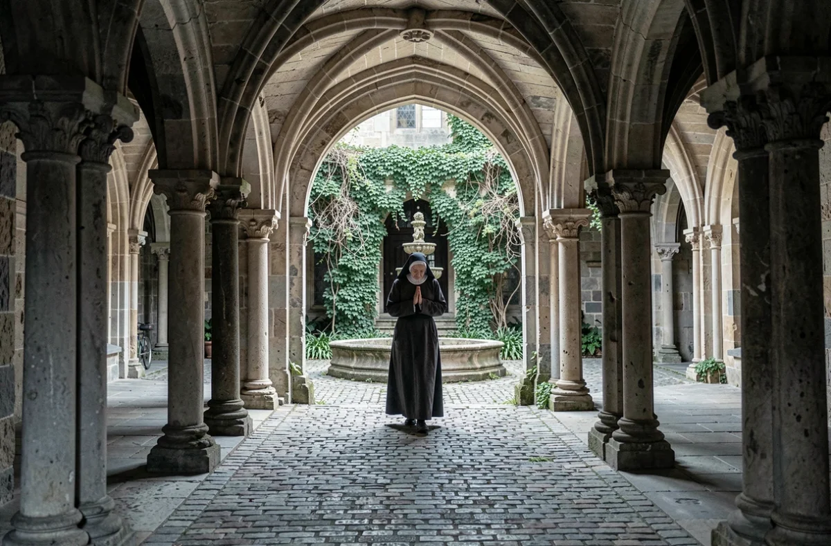 Religieuse marchant en méditation dans le cloître d'un couvent historique avec arches en pierre et jardin intérieur