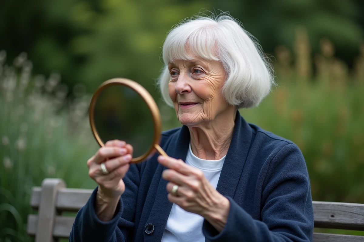 Femme âgée avec une coupe courte ondulée blanche assise dans un jardin tenant un miroir