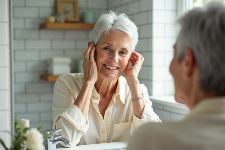 Femme de 70 ans avec une coupe pixie courte argentée se coiffant devant un miroir de salle de bain