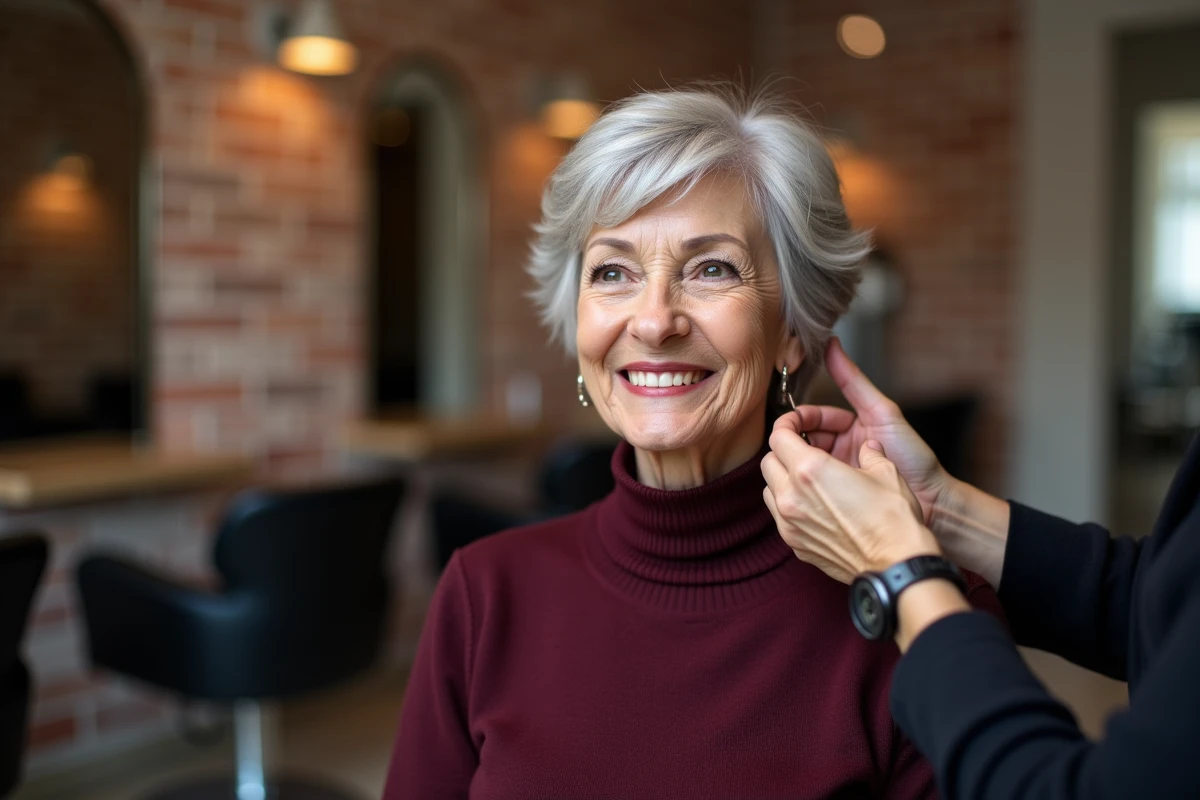 Femme de 70 ans avec une coupe courte sel et poivre en salon de coiffure moderne