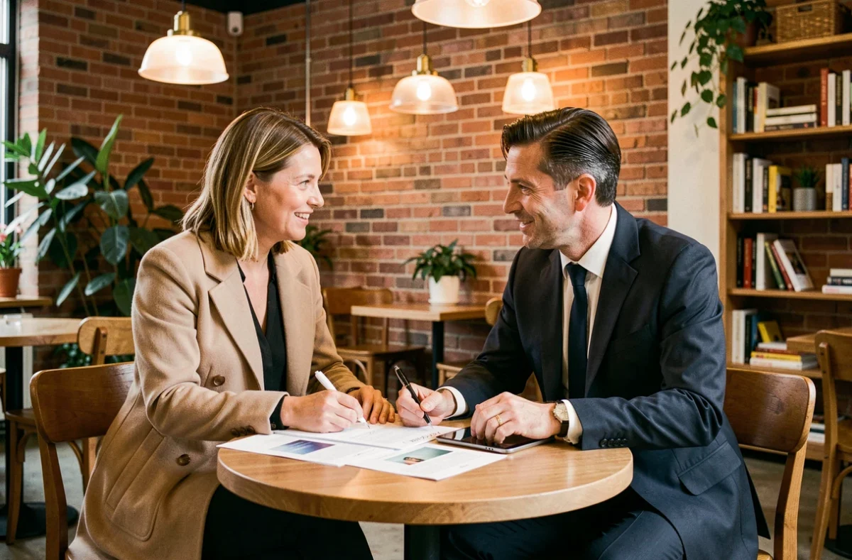 Deux professionnels collaborant sur des documents et une tablette dans un espace de travail café pour développer leur activité via cBusiness
