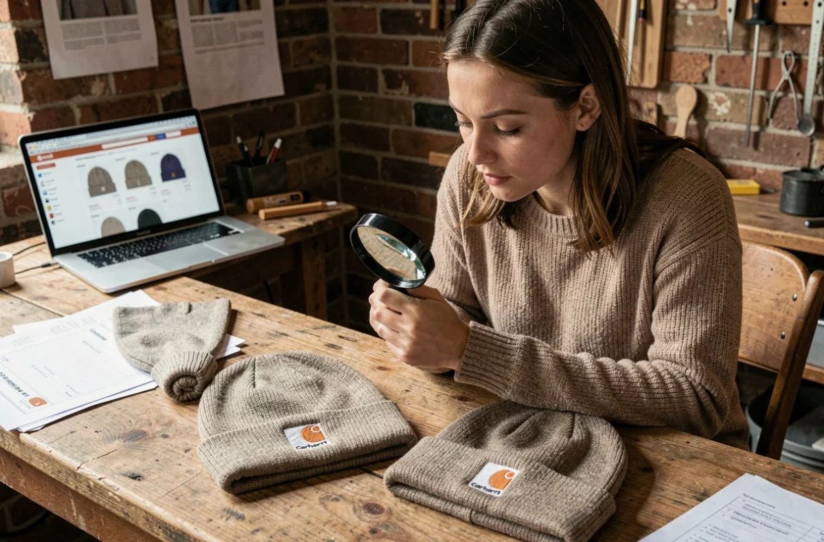 Femme comparant deux bonnets Carhartt côte à côte avec une loupe pour détecter une contrefaçon