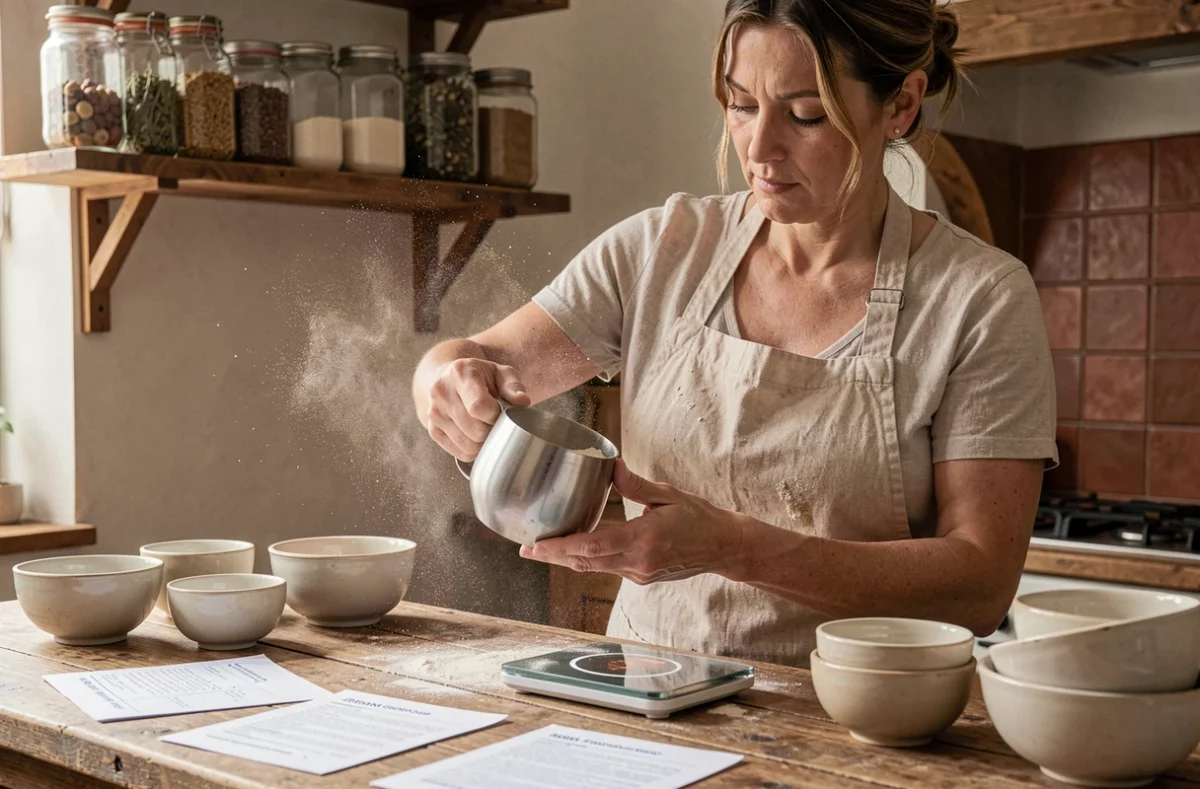 Femme mesurant de la farine avec une tasse doseuse en inox dans une cuisine rustique équipée d'une balance numérique et de fiches recettes