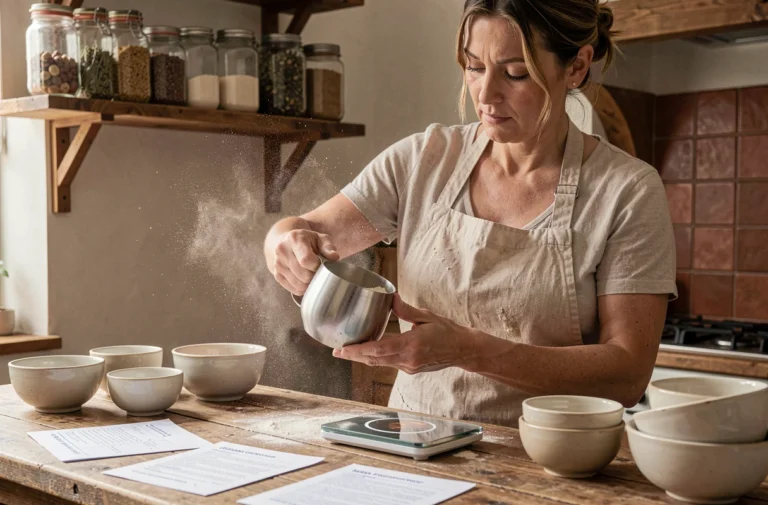 Femme mesurant de la farine avec une tasse doseuse en inox dans une cuisine rustique équipée d'une balance numérique et de fiches recettes
