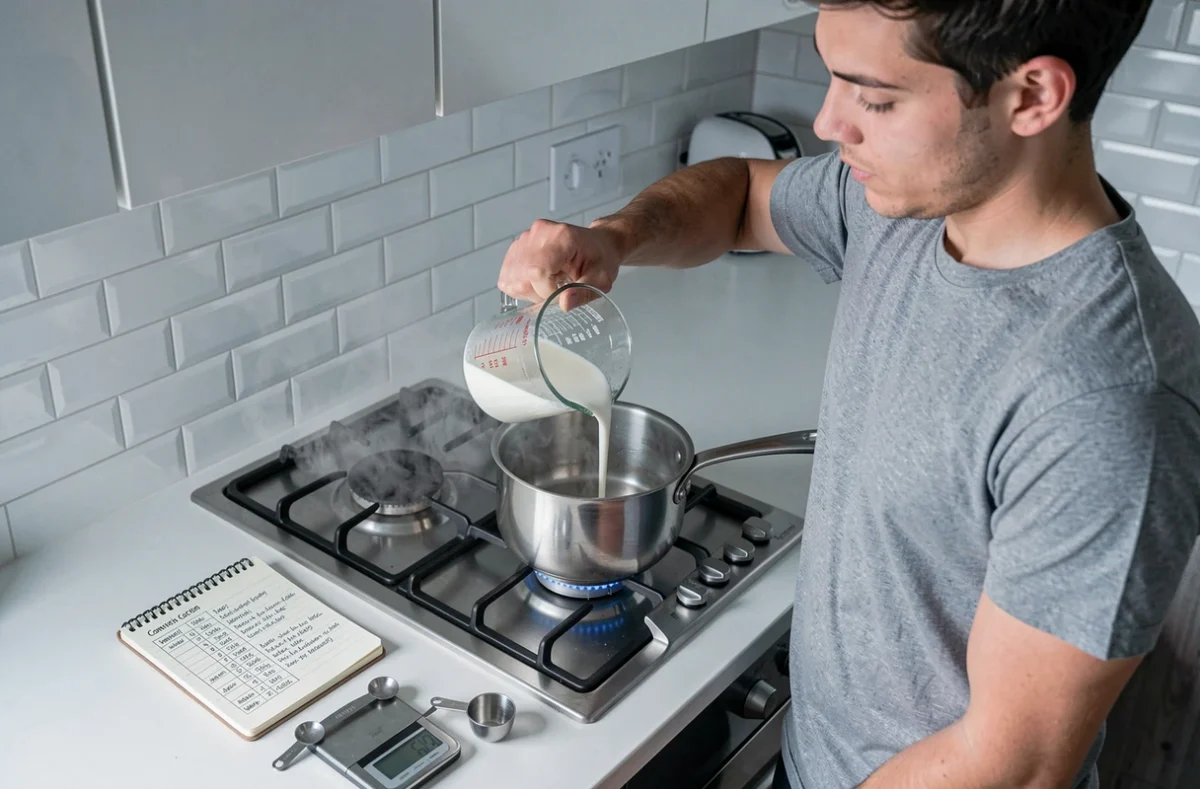Jeune homme versant du lait depuis un pichet gradué en verre dans une casserole, entouré de cuillères doseuses et d'une fiche de conversion de mesures