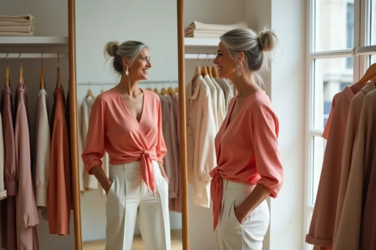 Femme quinquagénaire souriante essayant un chemisier corail dans une boutique parisienne, découvrant comment les bonnes couleurs de vêtements rajeunissent le teint