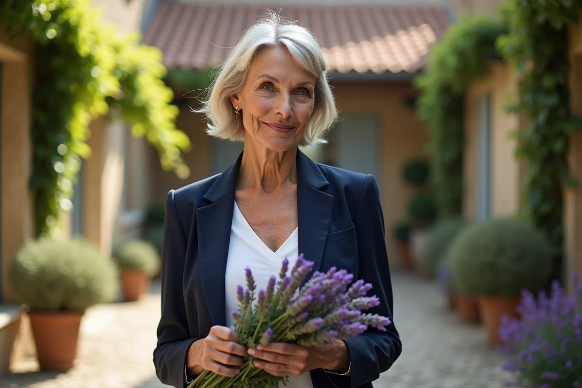 Femme de 60 ans élégante en veste marine tenant des nuanciers de couleurs dans une cour provençale, démontrant l'effet rajeunissant des bonnes teintes vestimentaires