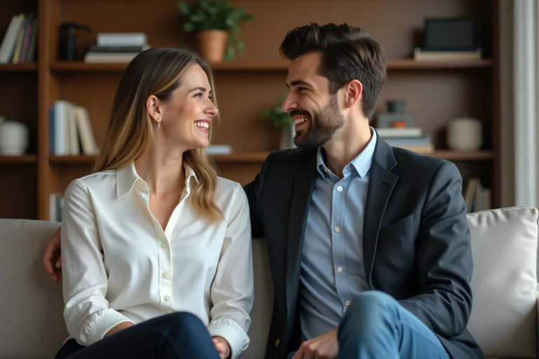 Couple élégant discutant dans un salon moderne