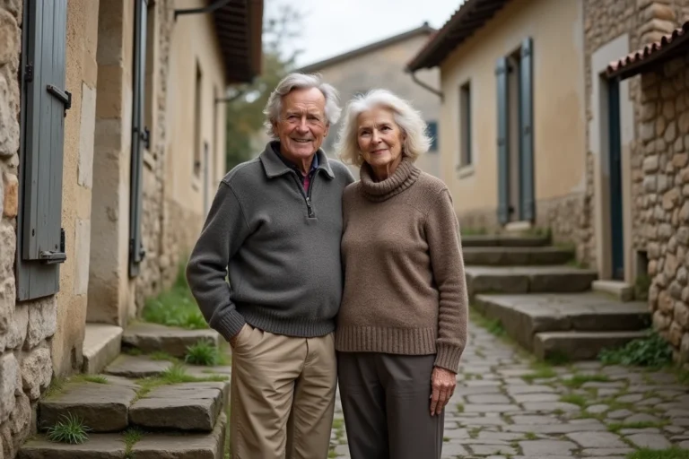 Couple âgé dans un village rural français souriant