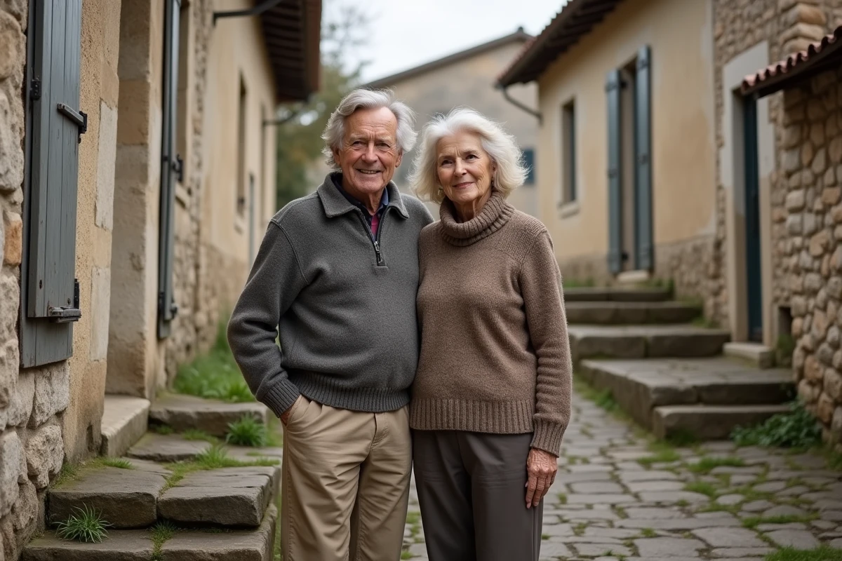 Couple âgé dans un village rural français souriant