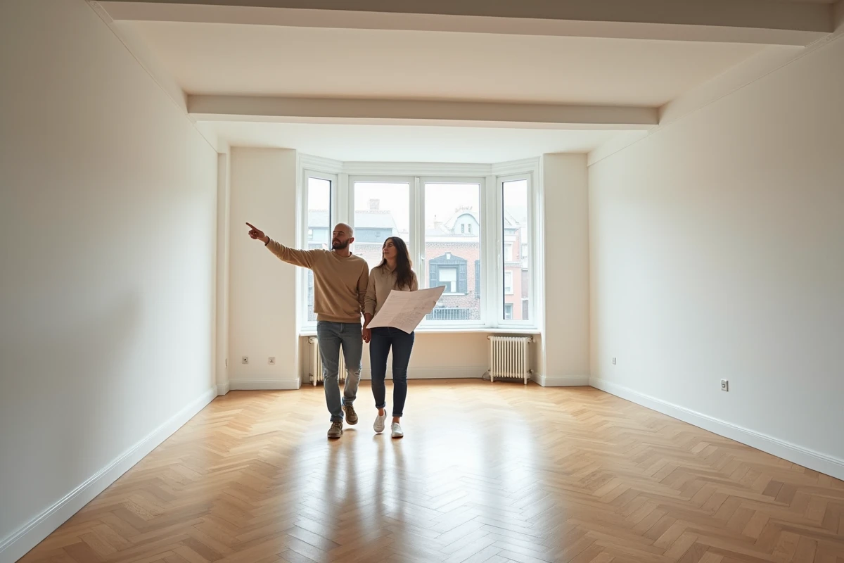 Couple visitant un appartement vide lumineux lors d'une visite de location immobilière