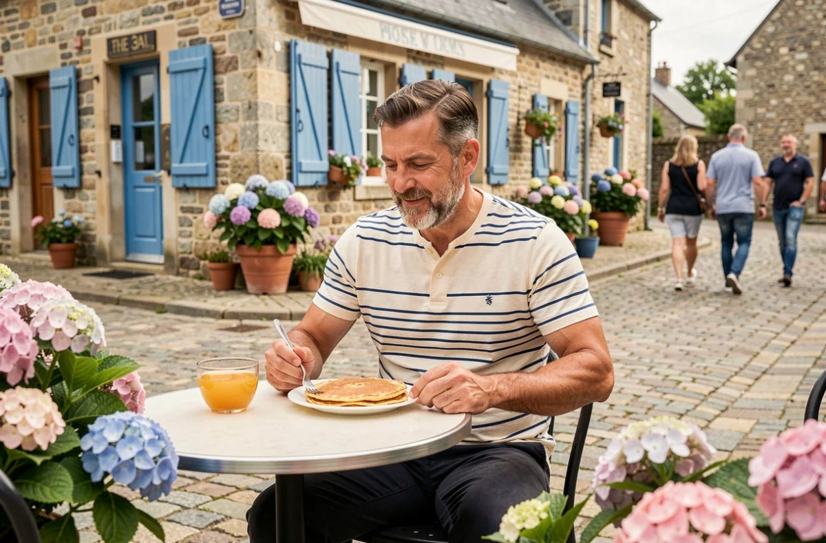 Homme dégustant une galette bretonne en terrasse d'une crêperie dans un village breton typique aux volets bleus