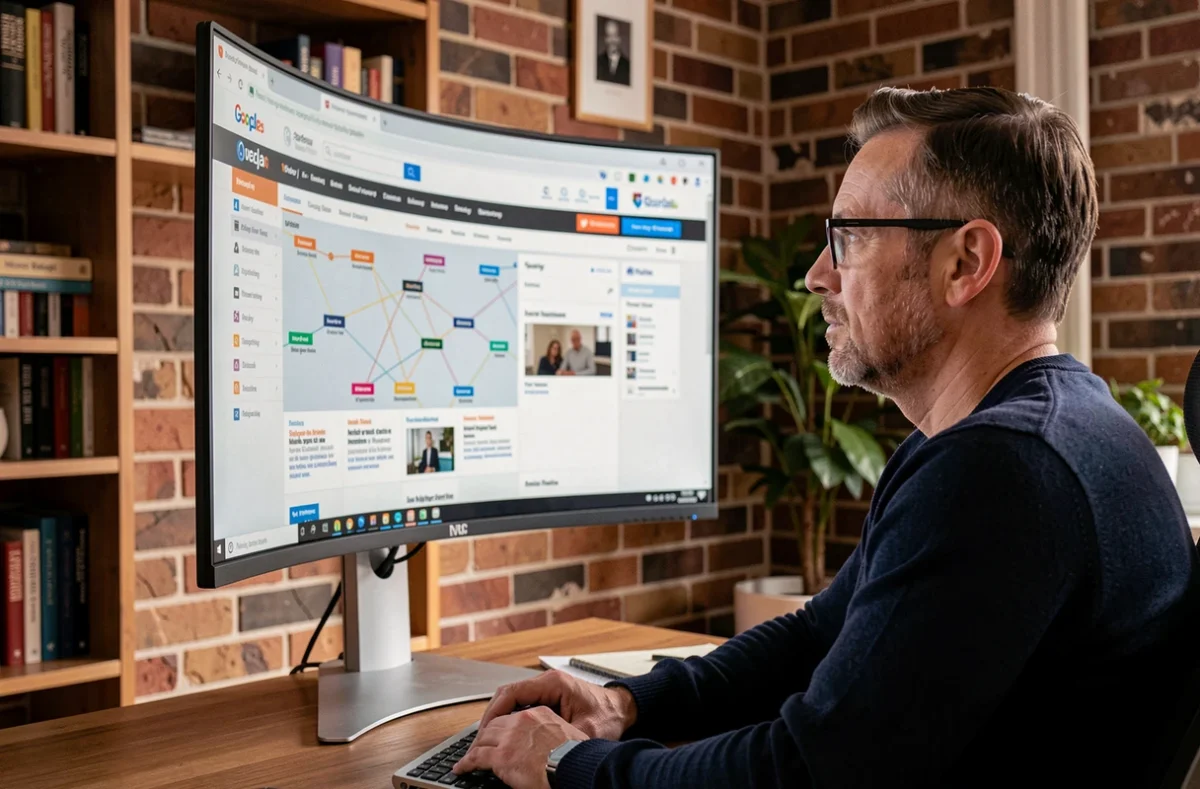 Développeur web analysant la structure d'un sitemap sur un grand écran d'ordinateur