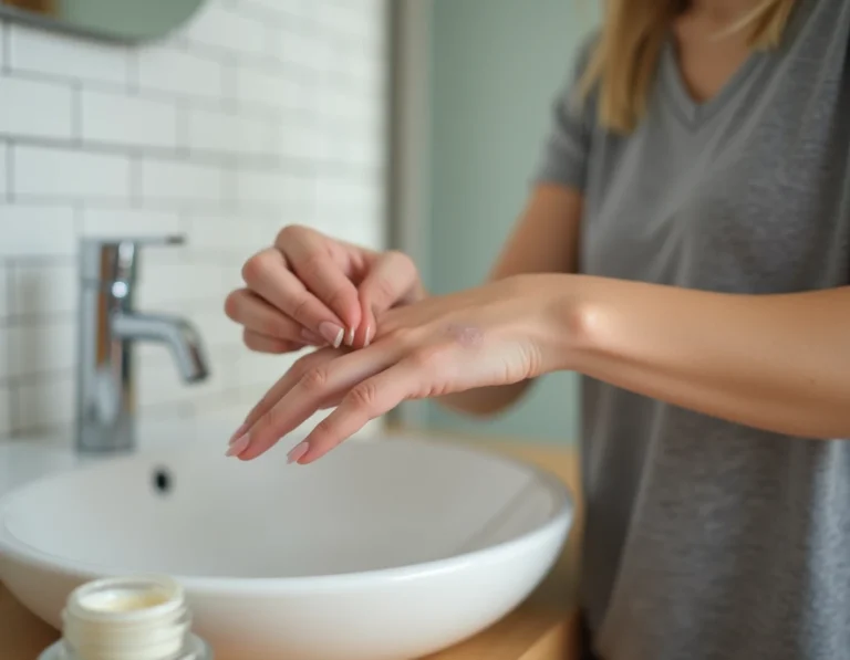 Femme appliquant de la crème sur une trace de bague sur le doigt dans une salle de bain moderne