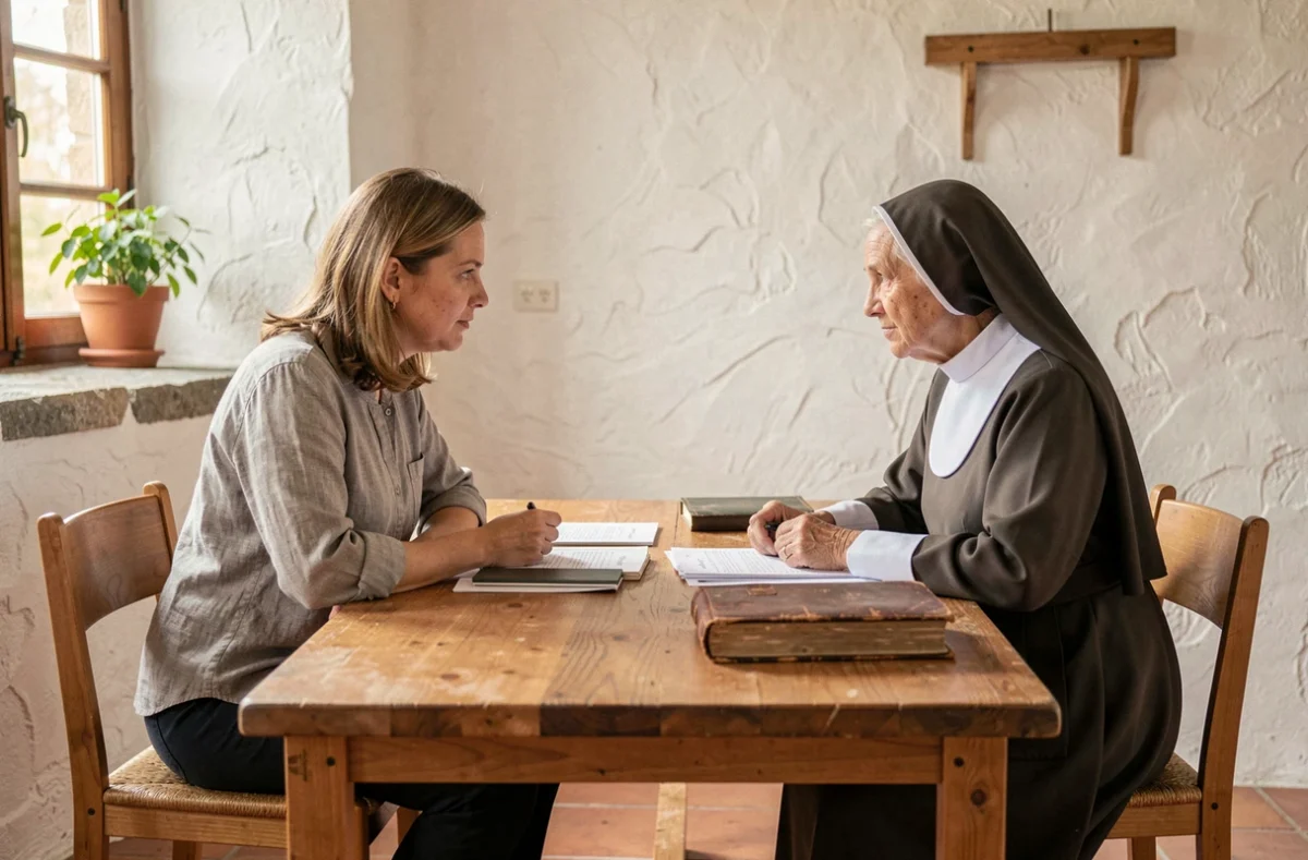 Entretien d'admission entre une postulante et une religieuse senior dans une salle de réception d'un couvent, démarches de retrait monastique