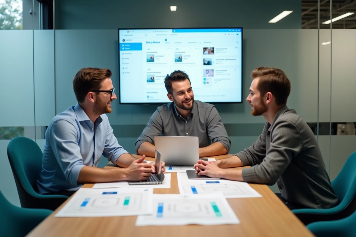 Équipe créative collaborant sur une solution de gestion de contenus digitaux en salle de réunion moderne