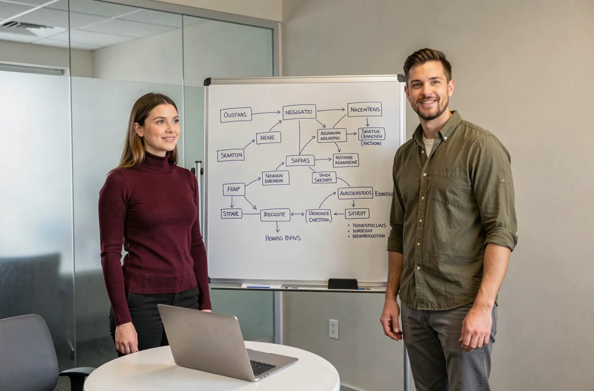 Deux collègues discutant de la structure d'un sitemap de site d'actualité devant un tableau blanc