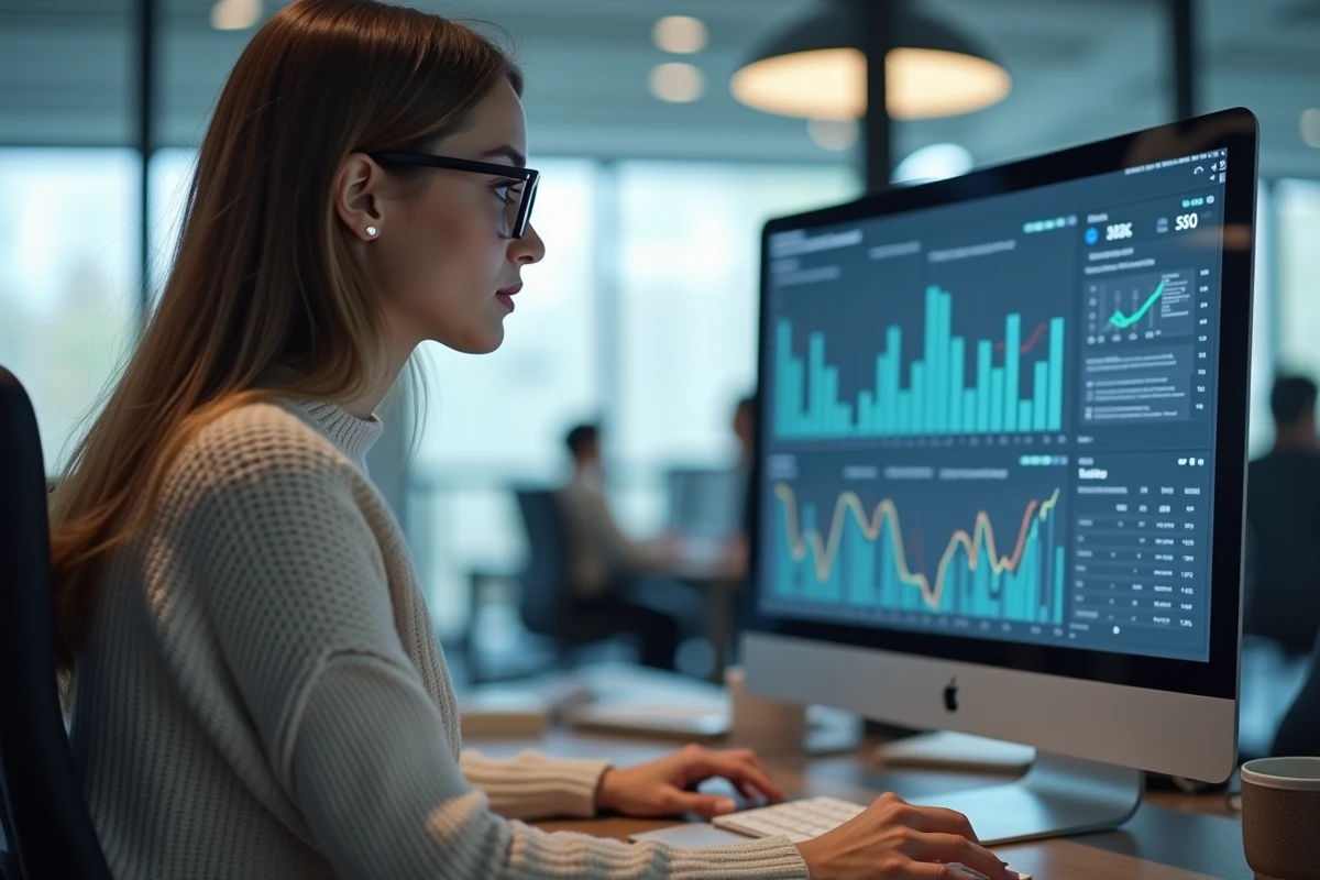 Jeune femme examinant des graphiques SEO sur un grand écran