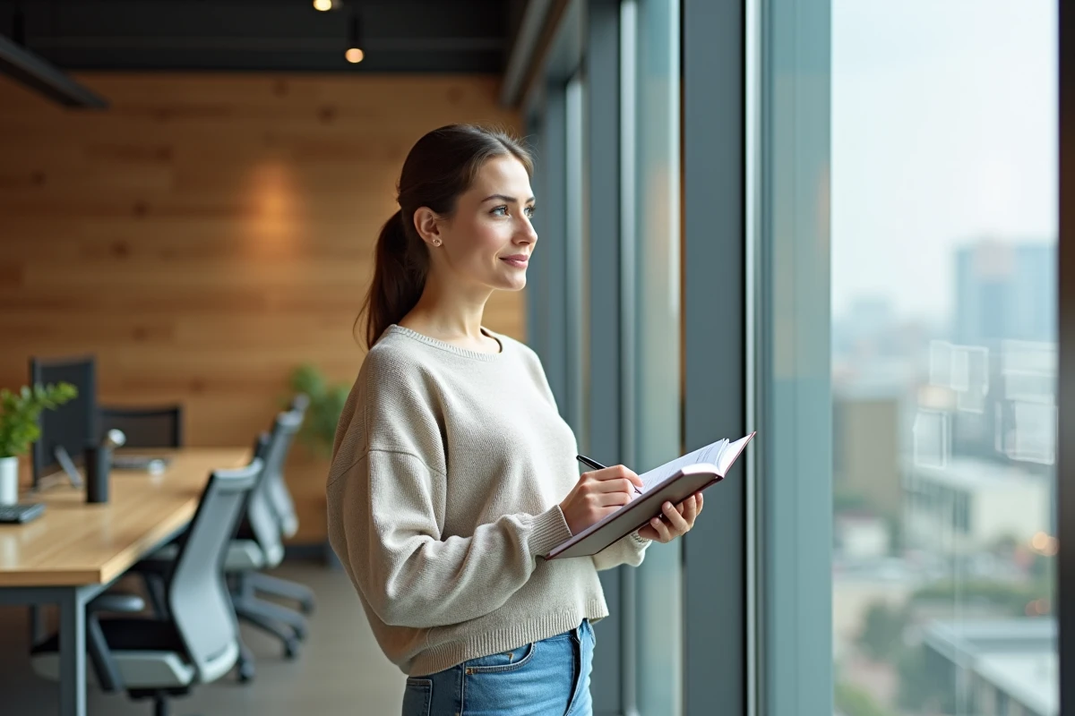 Jeune femme avec un carnet dans un espace de travail lumineux