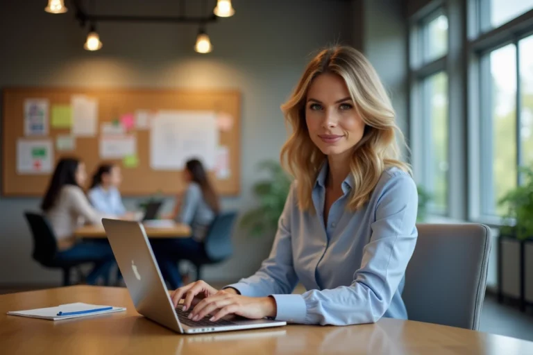Femme confiante travaillant sur son ordinateur dans un bureau moderne