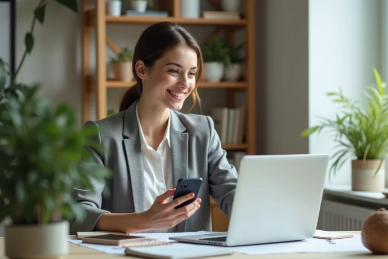 Jeune femme au bureau avec ordinateur et smartphone