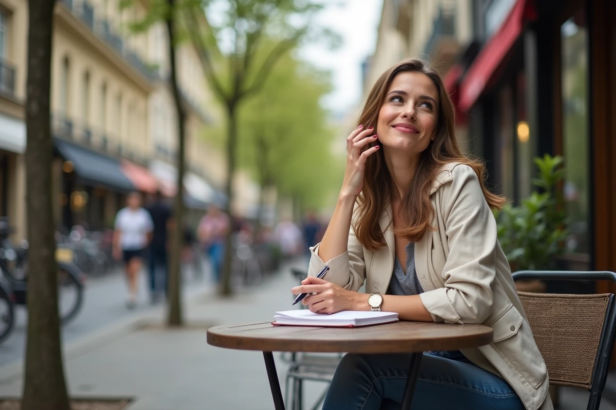 Femme souriante dans un café parisien authentique