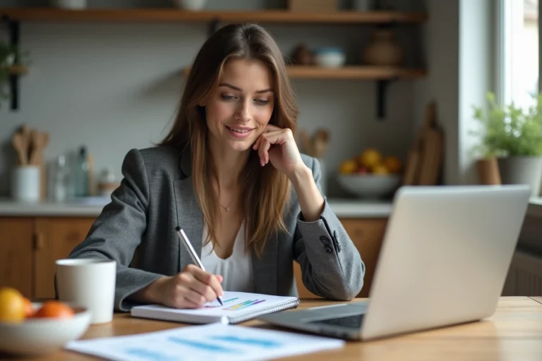 Jeune femme en cuisine calculant avec des graphiques