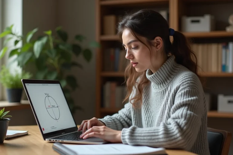 Jeune femme calculant la surface d'un cercle sur un outil en ligne via son ordinateur portable dans un bureau à domicile