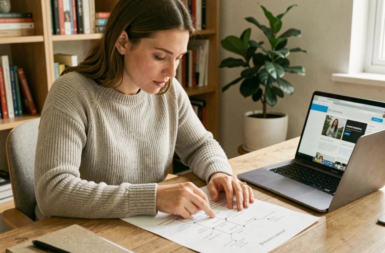 Femme consultant une carte de site imprimée à son bureau pour naviguer facilement sur un site web