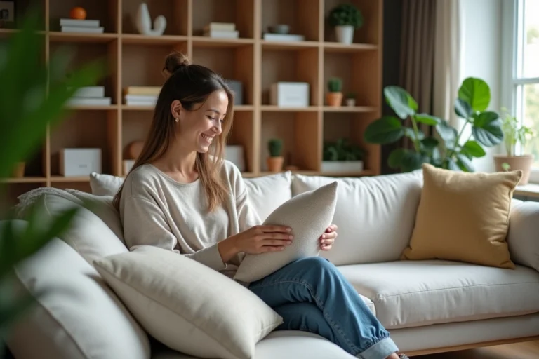 Femme arrangeant des coussins dans un salon cosy et moderne