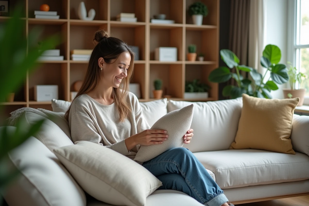 Femme arrangeant des coussins dans un salon cosy et moderne