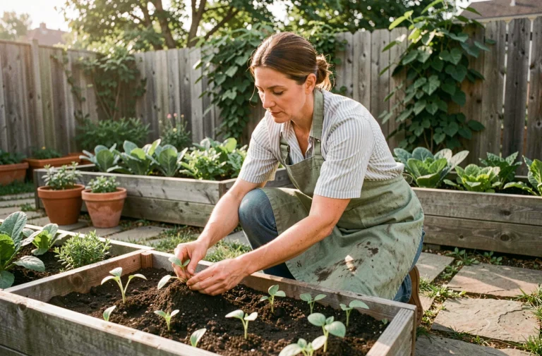 Femme jardinière repiquant des plants dans un potager bien entretenu avec des rangs de légumes et des pots en terre cuite