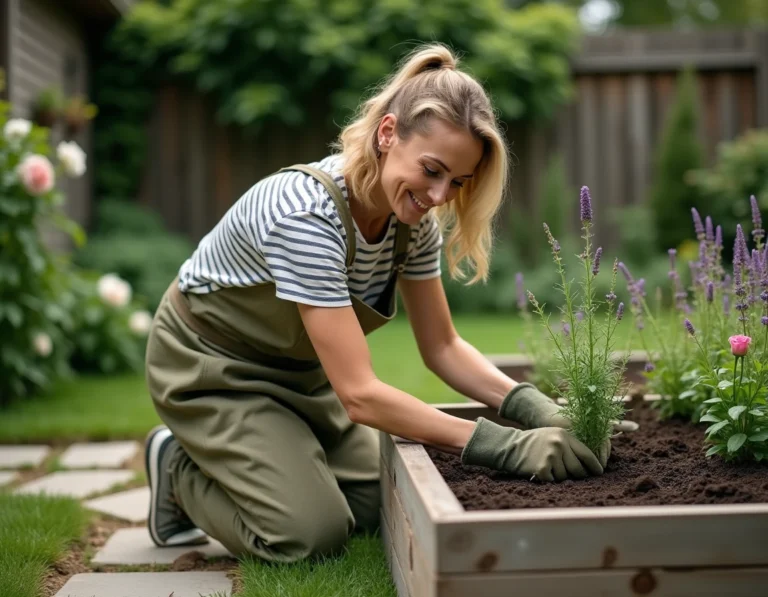 Femme jardinière transplantant de la lavande dans un parterre surélevé en bois dans un jardin résidentiel verdoyant