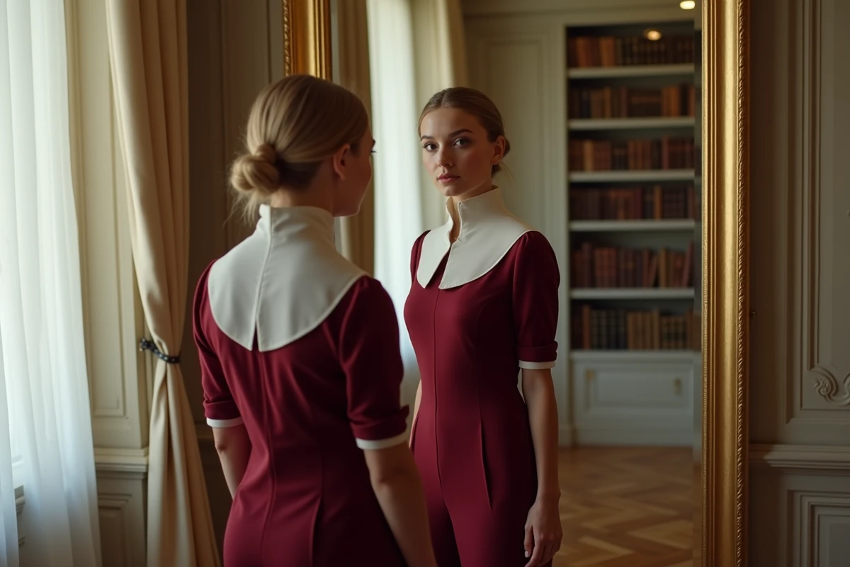 Jeune femme en tenue contemporaine inspirée de la mode historique devant un miroir doré dans un appartement haussmannien parisien
