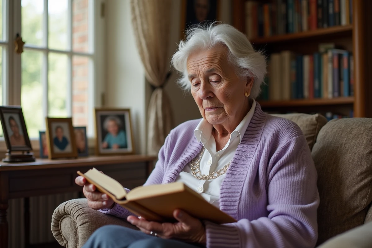 Femme âgée de plus de 90 ans lisant un livre dans son salon, illustrant la longévité et le vieillissement en France