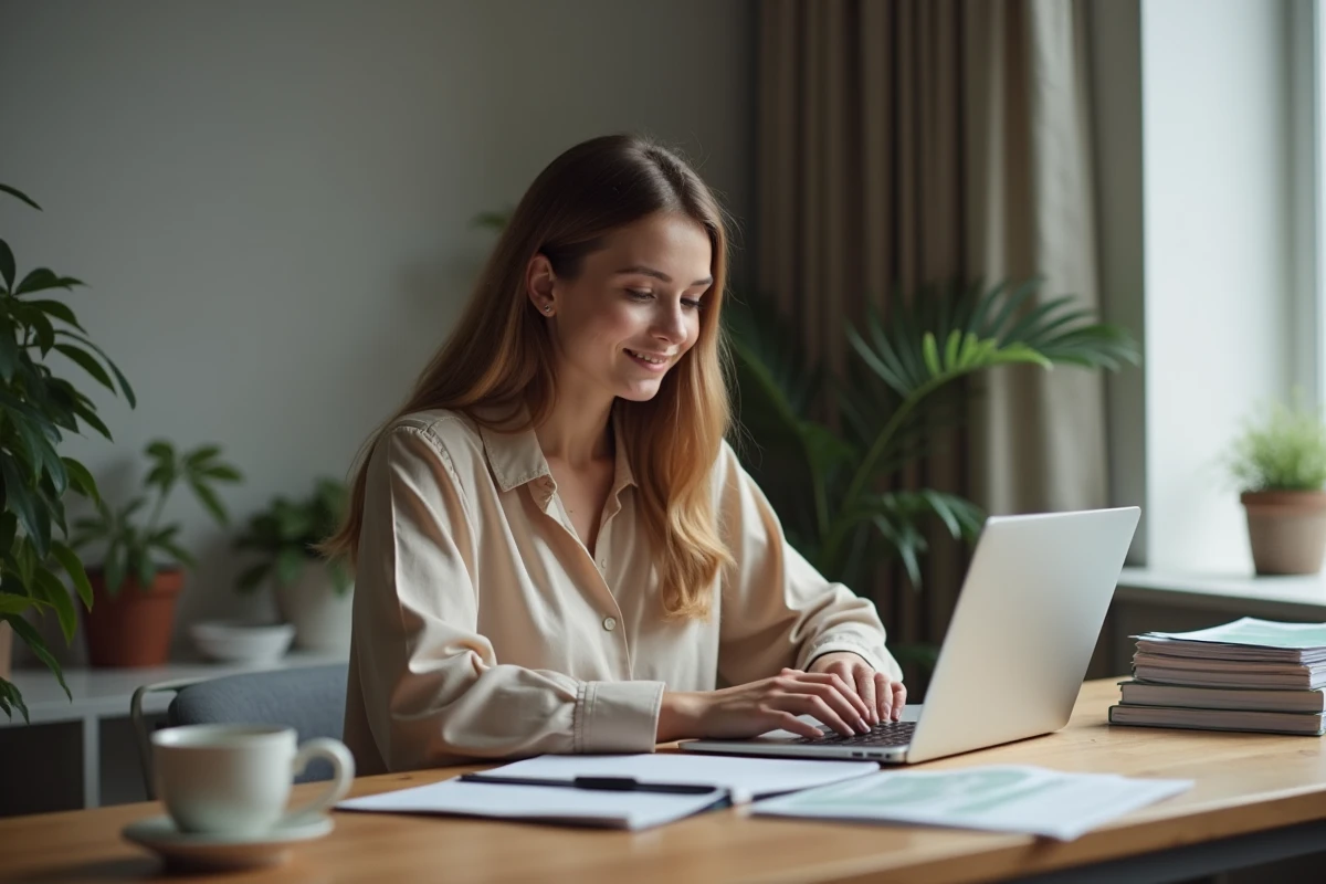 Jeune femme souriante entre des chiffres sur un ordinateur portable
