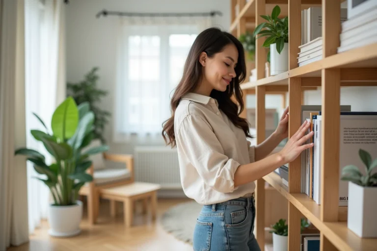 Femme arrangeant des livres dans un salon lumineux et moderne