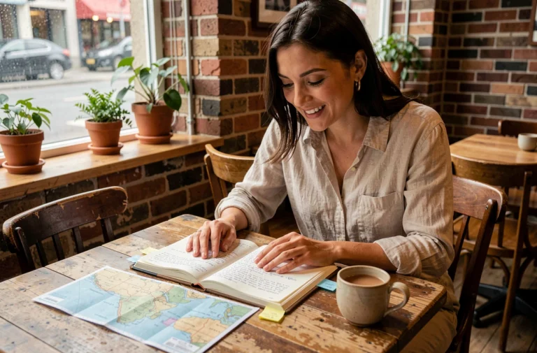 Femme organisant son voyage dans un carnet de voyage posé sur une table en bois dans un café cosy